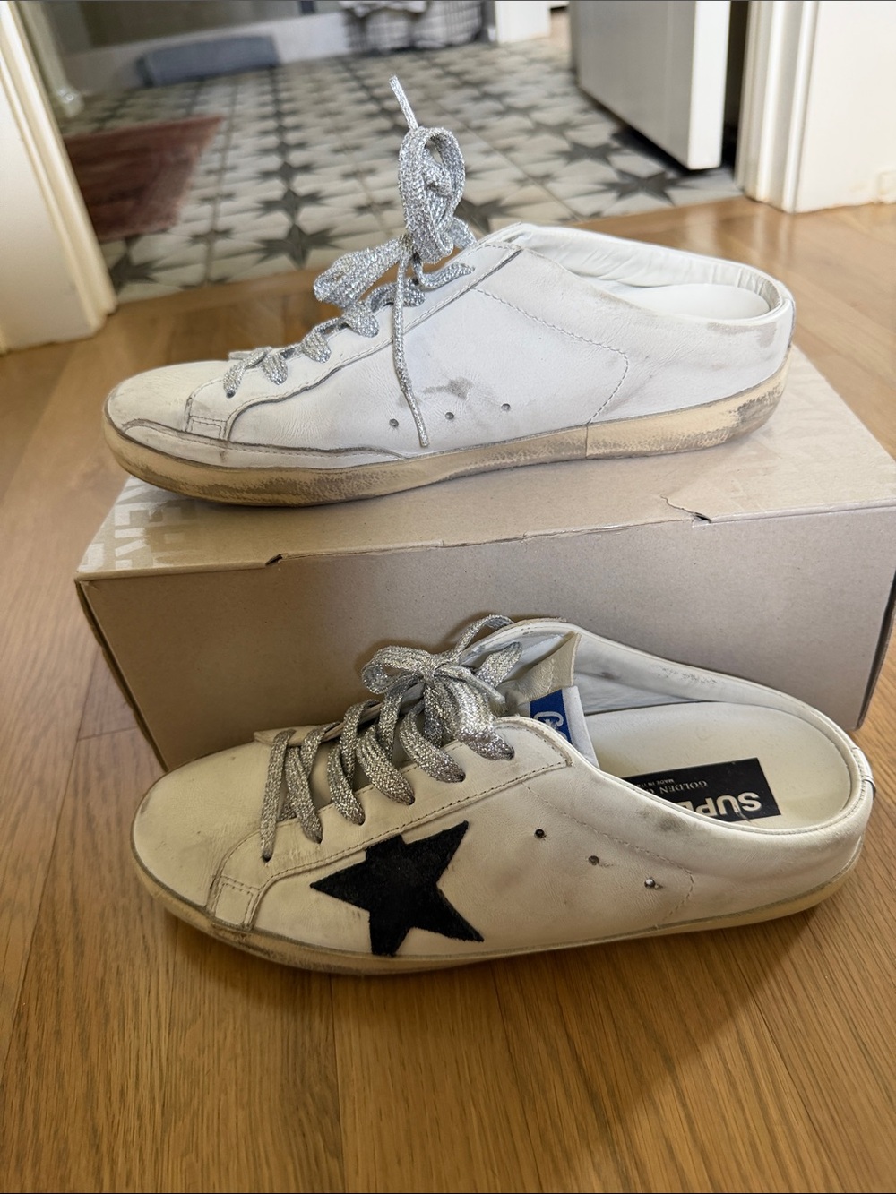 Golden Goose Sabot White Sneakers with Black Star and Silver Laces with Box